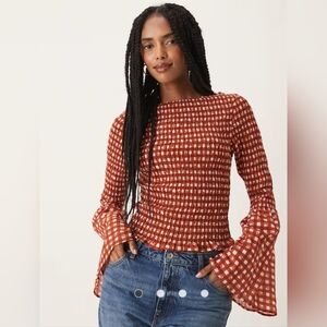 ASOS Shirred Angel Sleeve Top Red Gingham Smocked Cherries Summer Lightweight